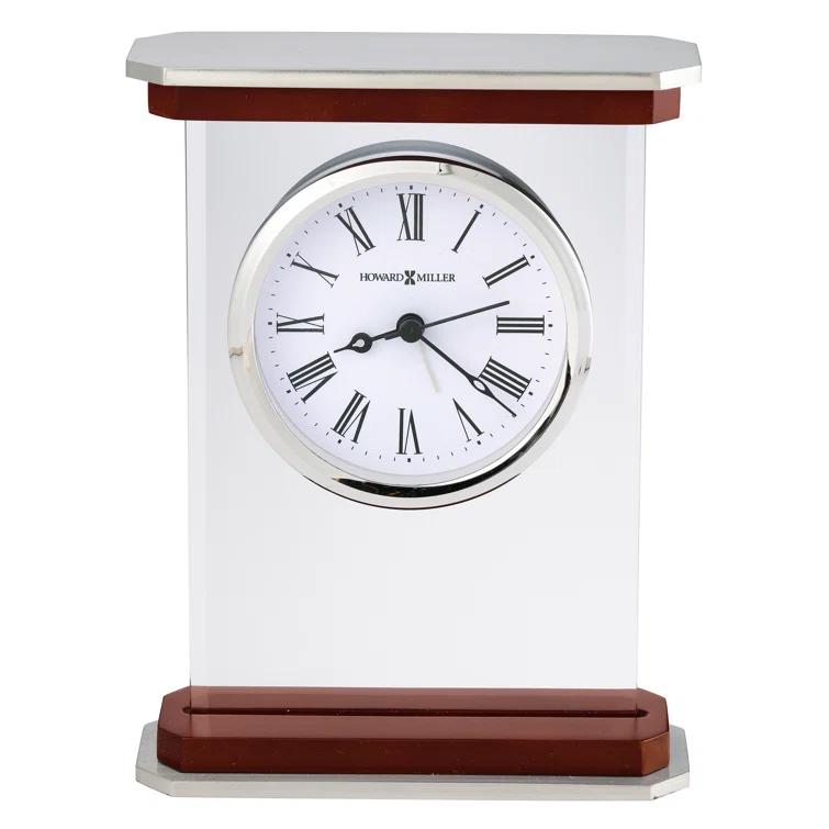 Howard Miller® Mayfield Modern & Contemporary Roman Numeral Rosewood Quartz Movement / Crystal Tabletop Clock with Alarm in White/Brown/Silver
