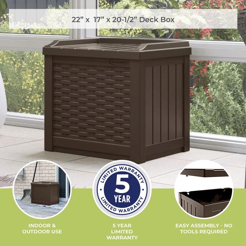 Suncast Suncast Wicker 22 Gallon Water Resistant Resin Deck Box with Storage Seat in Java