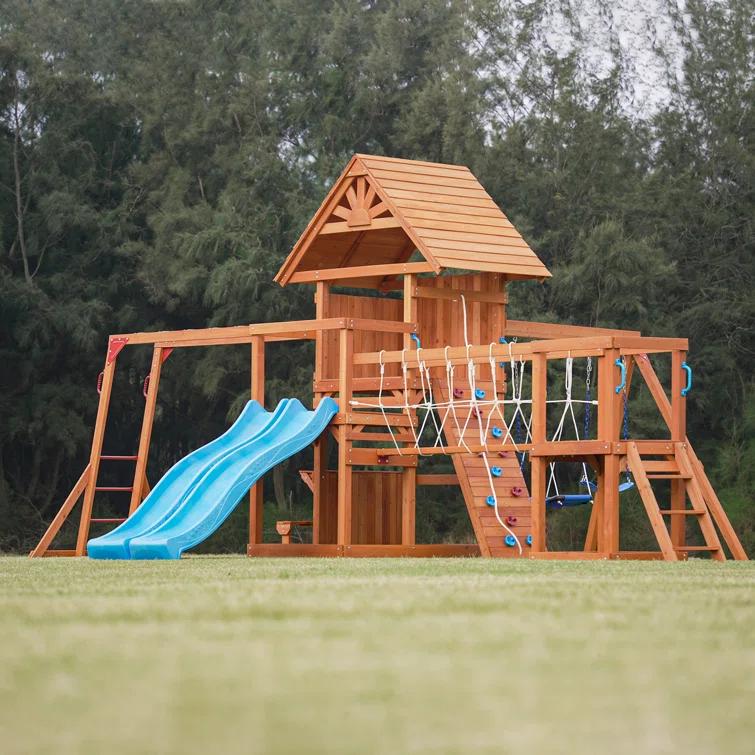 Dolphin Playground Dolphin Playground Luxury Cedar Playground Set: Double Wave Slide, 2-in-1 Table, Monkey Bars, Balance Beam, 3 Swings, Large Rock Wall, Wood Roof