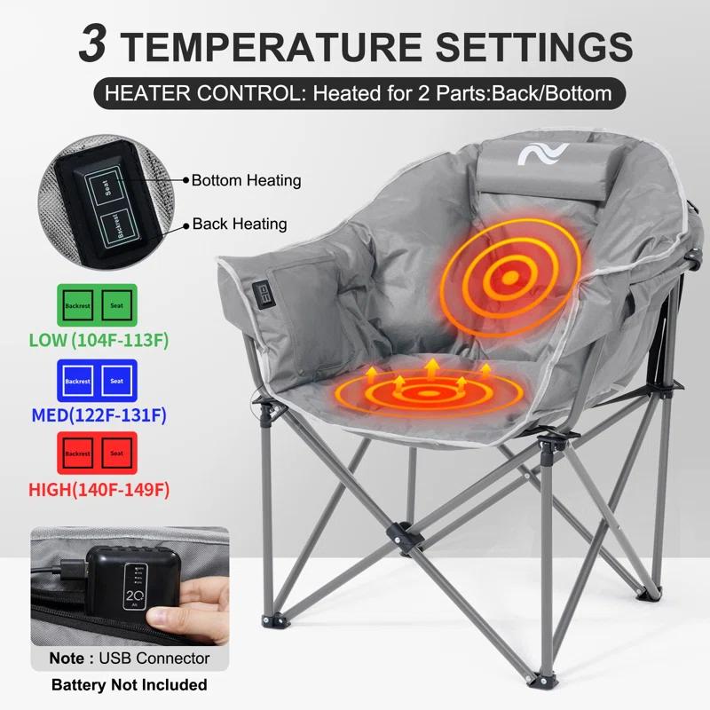 Heated Camping Chair Oversized, Outdoor Portable Heated Folding Chairs With Pillow