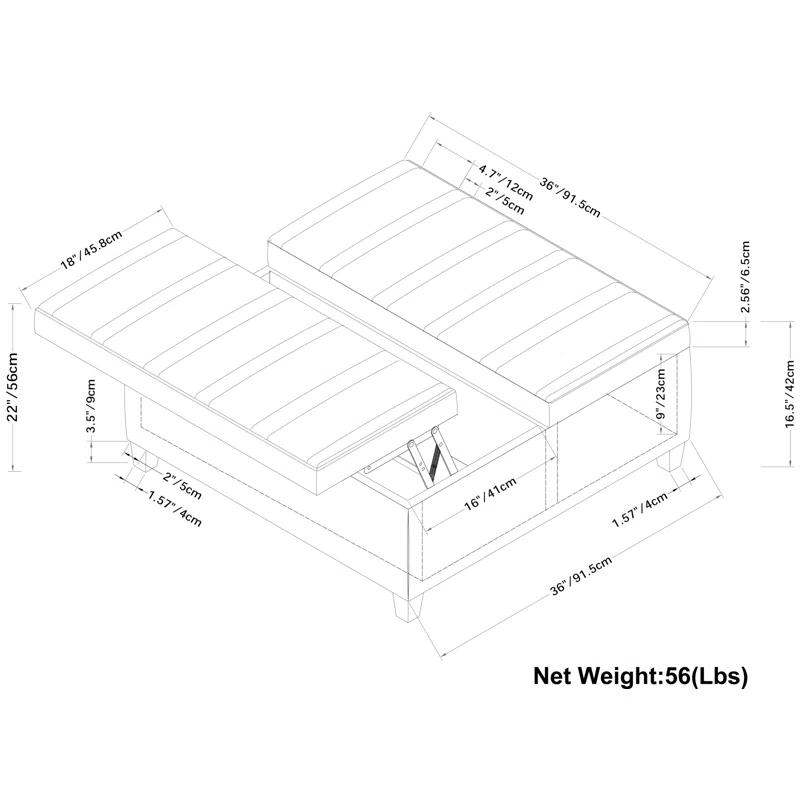 Simpli Home Ellis 36"W Upholstered Square Coffee Table Storage Ottoman with Split Lift Top