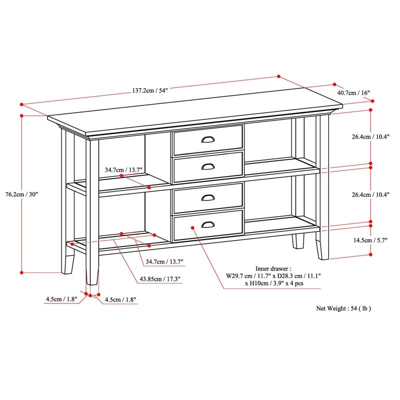 Simpli Home Redmond 54"W Solid Wood Storage Console Table with 4 Center Drawers and Open Shelves