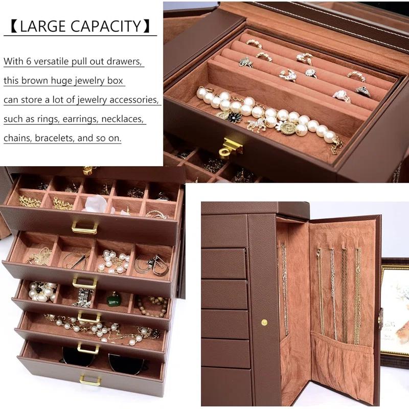Rosdorf Park Extra Large 6-Tier Jewelry Box Organizer With Mirror, 5 Drawers Leather Jewelry Storage Case Ring Necklace Earring Bracelet Brown