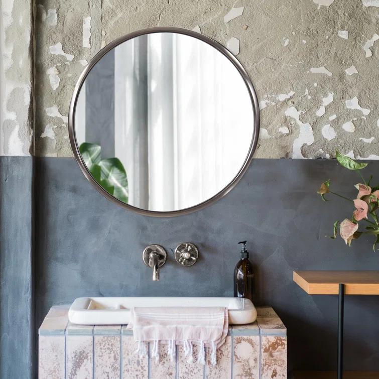 Small Round Brushed Titanium Mirror with Stainless Steel Frame