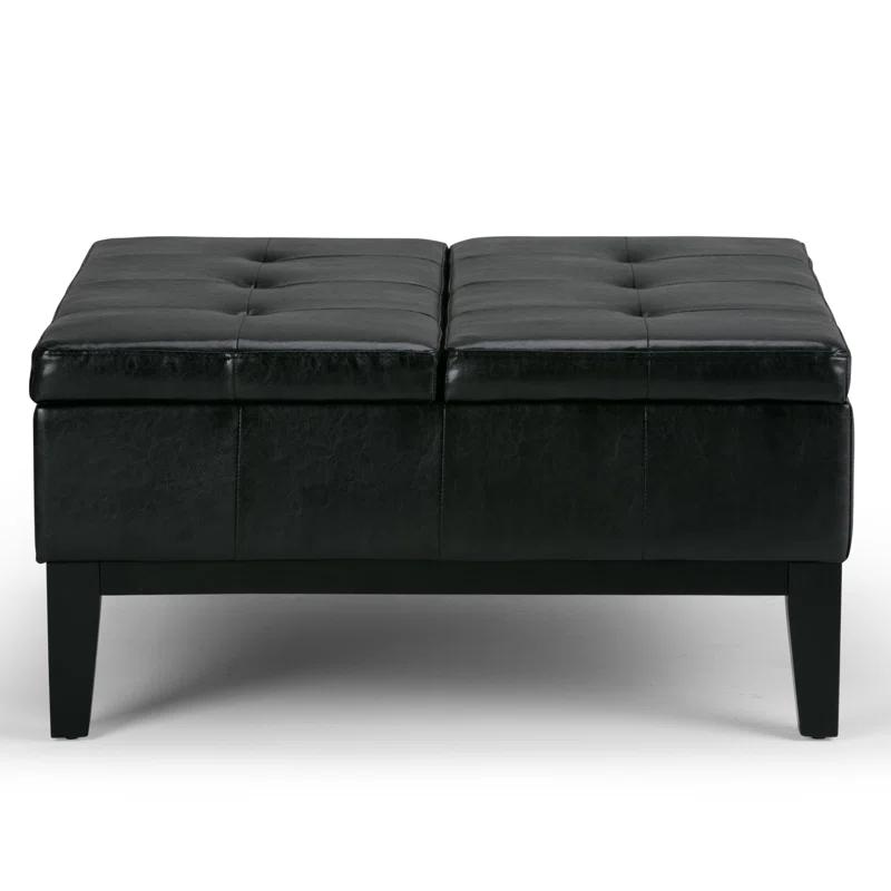 Simpli Home Dover 36"W Upholstered Square Coffee Table Storage Ottoman with Split Tufted Lift Top