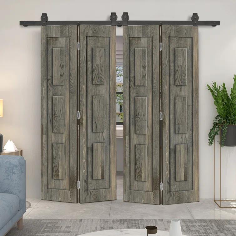 Calhome 3 Panel Shaker Pine Wood Double Bi-Fold Door with Sliding Barn Door Hardware Kit