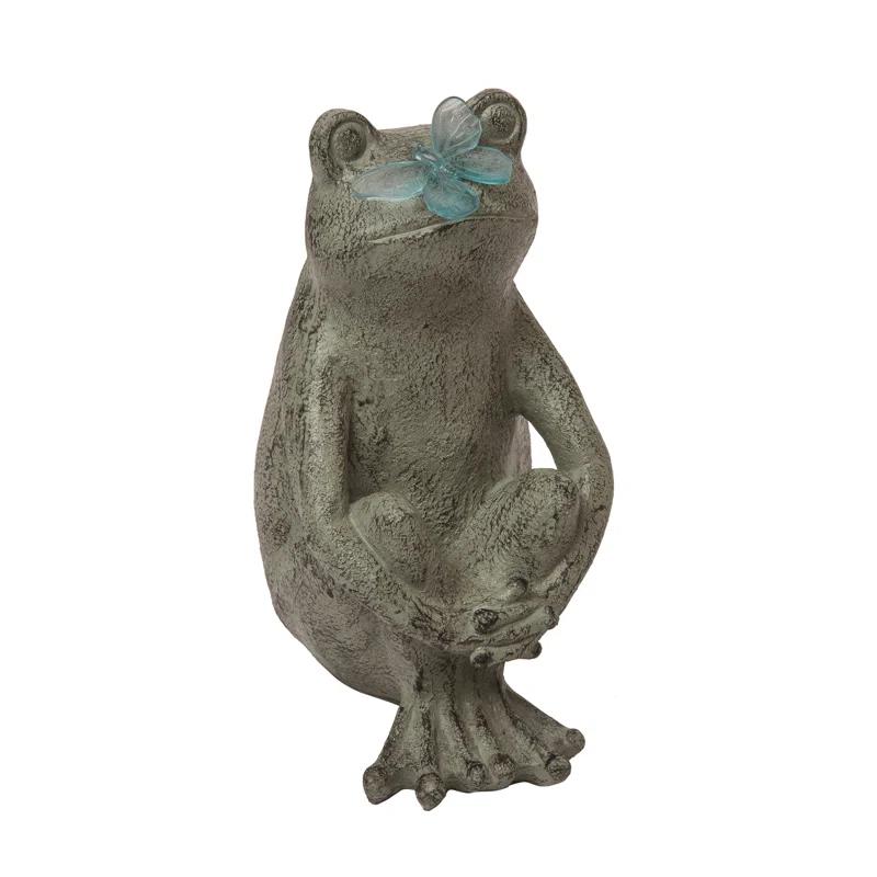 Gray Resin Spring Frog with Butterfly Figurine