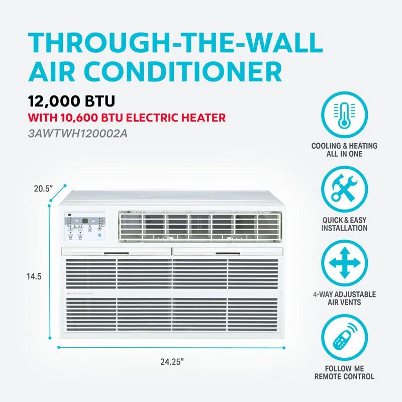Arctic Wind 12000 BTU Through The Wall Air Conditioner for 550 Square Feet with Heater and Remote Included