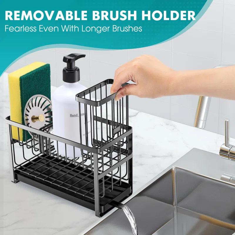 COOREL Sponge Holder For Kitchen Sink Organizer Caddy,2 Tier Dish Brush Scrubber Holder,Stainless Steel Sink Box Utensil Holder With Stand,Black