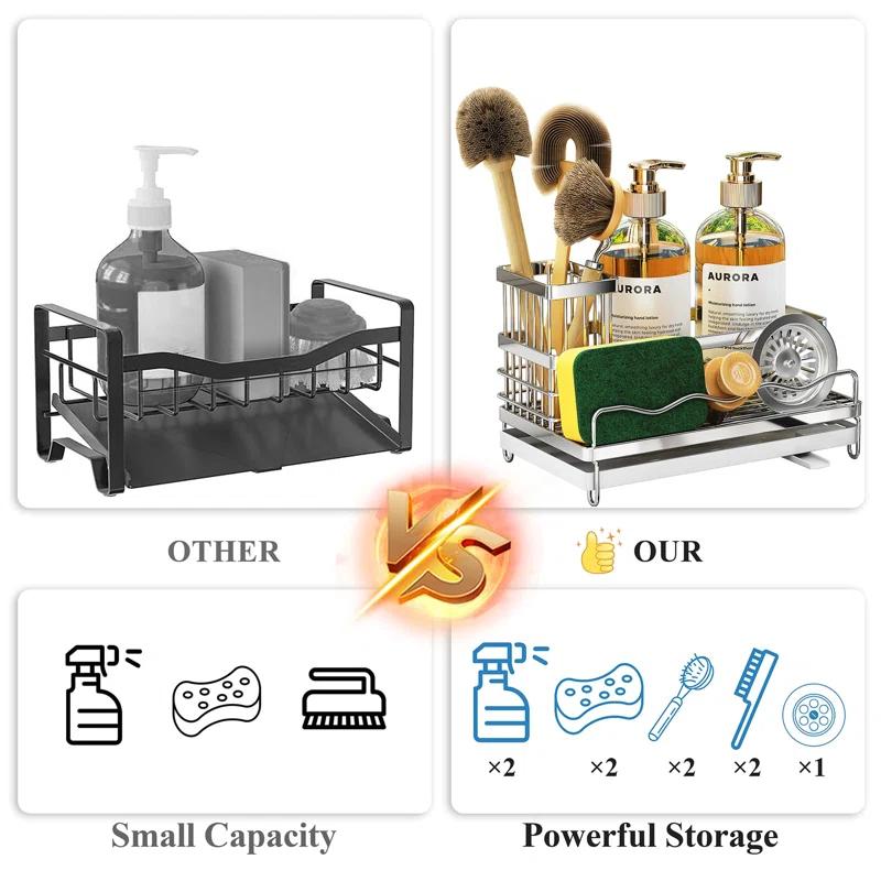COAHAHA Rust Resistant Stainless Steel Sink Caddy - Large Capacity With Removable Brush Rack