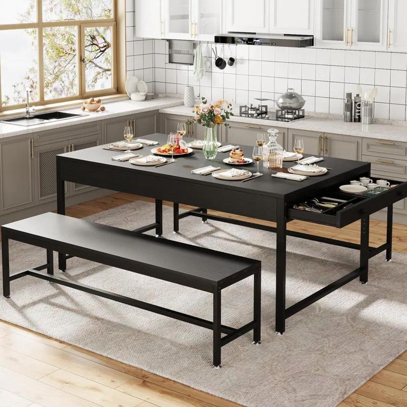 17 Stories Zubie 63"Dining Table Set for 4-6, 3-Piece Kitchen Table with 2 Utensil Drawers,2 Benches&Wine Rack