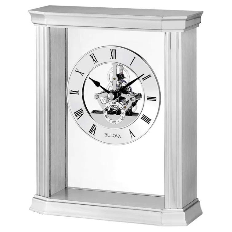 Bulova Roman Numeral Stainless Steel Quartz Movement / Crystal Tabletop Clock with Alarm in Silver