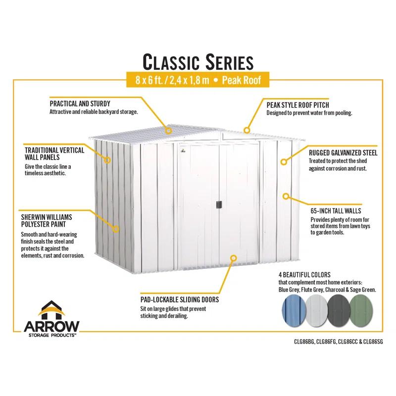 Arrow 8 ft. W x 6 ft. D Galvanized Steel Storage Shed