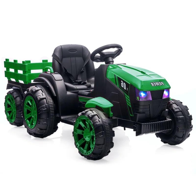 Yesurprise 12v Kids Ride On Tractor With Trailer Battery Powered Electric Vehicles Toy With 35w Dual Motor Remote Control 6 Wheels Led Lights Music