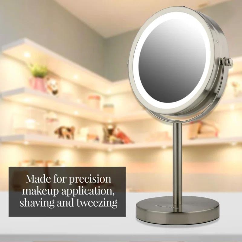 Ovente OVENTE 6" Lighted Makeup Mirror with 1X/7X Magnification, Cordless Tabletop Mount Vanity Round Mirror with 360° Swivel Design and Double Sided Cool Tone LED Ring Light, Nickel Brushed MLT60BR1X7X