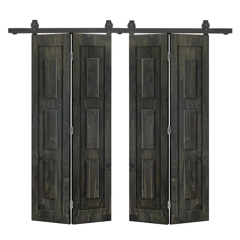Calhome 3 Panel Shaker Pine Wood Double Bi-Fold Door with Sliding Barn Door Hardware Kit
