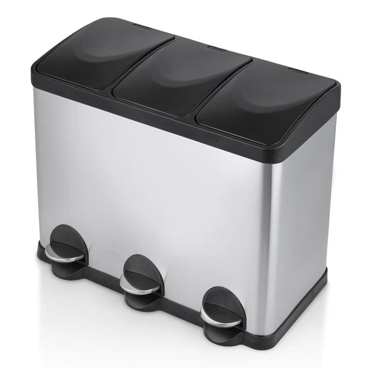 MoNiBloom 12 Gallon Trash Can with 3 Compartments, Step On Garbage Can with Soft-Close Lids and Inner Buckets