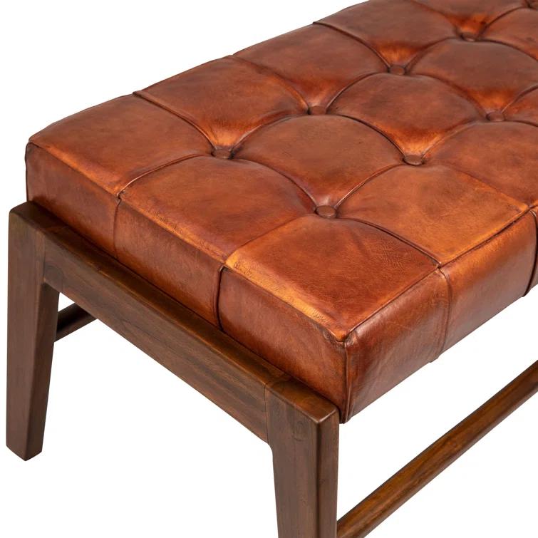 Dennis 49" Wide Teak and Full Grain Leather Bench, Brown