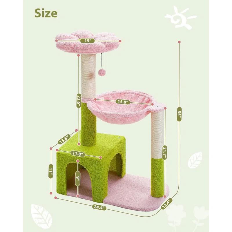 Tucker Murphy Pet™ Flower Cat Tree With Large Metal Frame Hammock, 35" Cute Cat Tower With Sisal Scratching Posts For Small Indoor Cats, Cat Condo With Pink Top Perch For Kittens, Pink