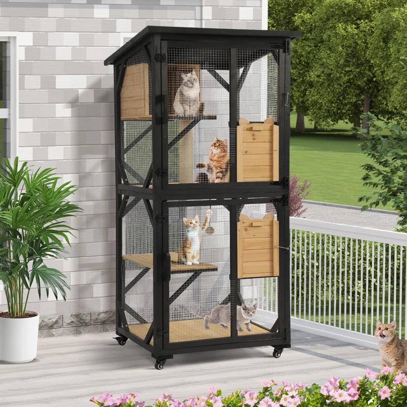 Tucker Murphy Pet™ Hallvard Outdoor Cat Enclosure with Scratcher - 4-Tier Large Indoor Wooden Window Catio Cat House W/Asphalt Waterproof Roof