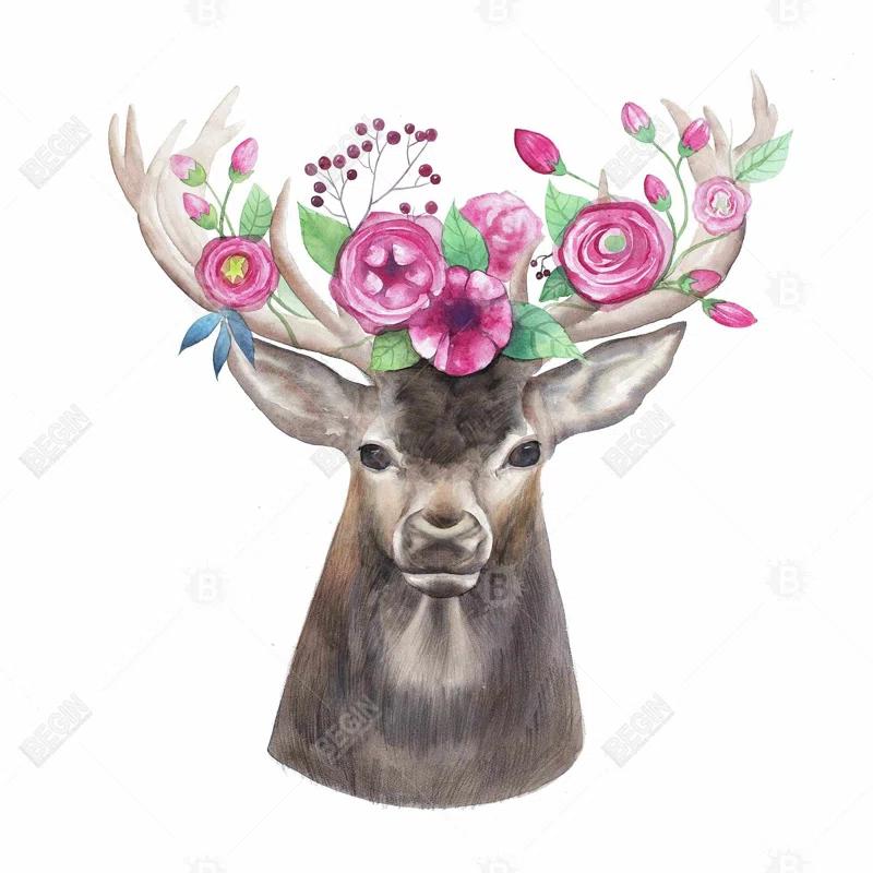 Begin Edition International Inc. " Deer Head With Flowers " by Begin Edition Painting Print
