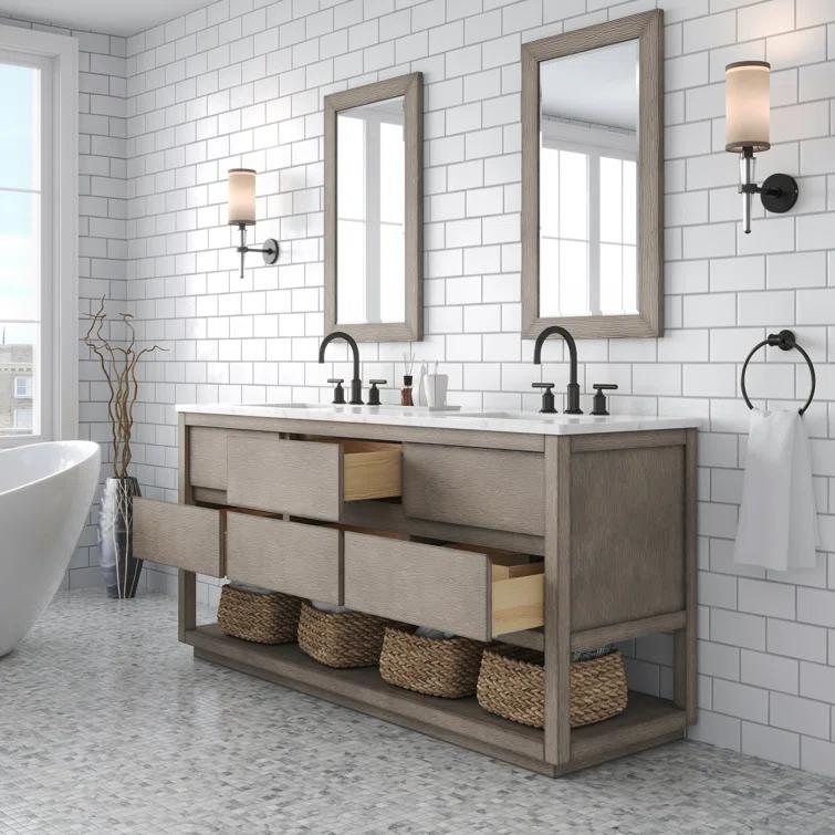 72'' Grey Oak Double Sink Vanity with Carrara Marble Countertop