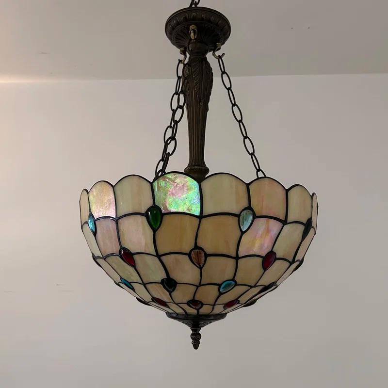 Fleur De Lis Living Spinks Tiffany Pendant Lights Gold Stained Glass Crystal Beans LED Bulbs Included 16"W*16"D*60"H