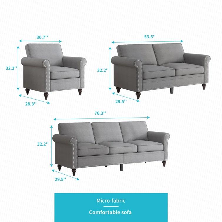 Alcott Hill® Devondrick 3-Piece Sofa Set | 3-Seater Sofa Couch, Loveseat and Single Sofa Chair for Small Spaces | Easy Assembly & Stain Resistant Fabric (Apartment/Dorm Ready)