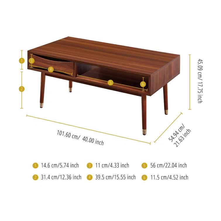 Wrought Studio™ Sabornton 40" Mid-Century Modern Coffee Table with Storage Shelf, Walnut Finish and Brass Leg Tips