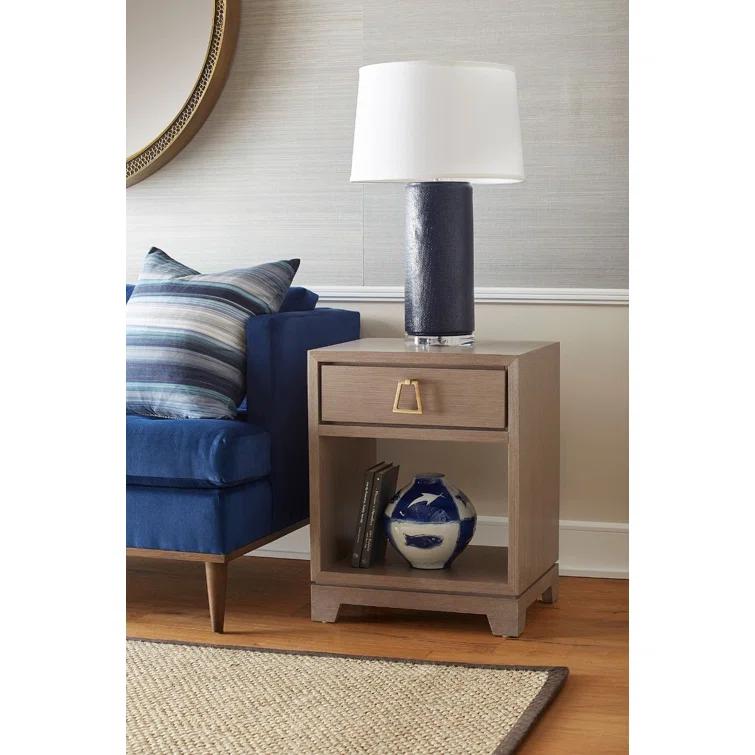 Taupe Gray Wood End Table with Gold Hardware and Storage