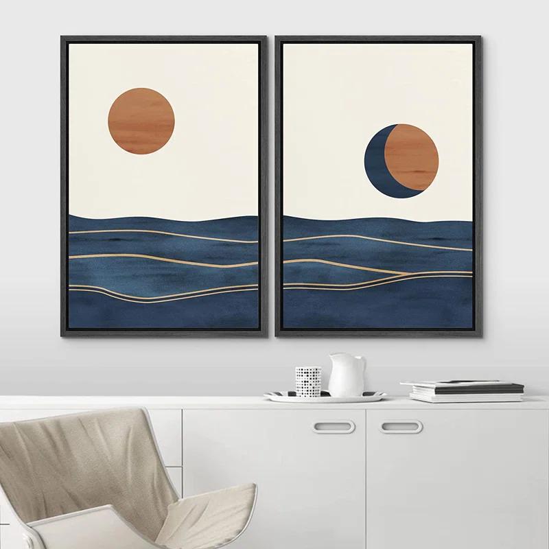 Sun And Moon " Abstract Sun Over Blue Watercolor Ocean Waves Modern Minimalist Landscape " 2 - Pieces