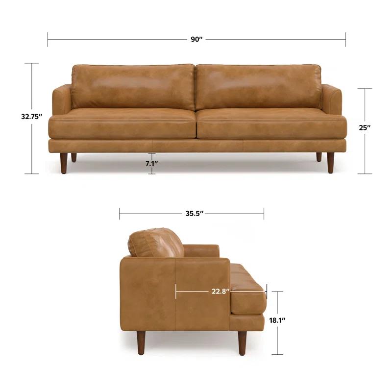Simpli Home Livingston Top Grain Genuine Leather Mid-Century Modern Sofa With Solid Wood Frame For Living Room