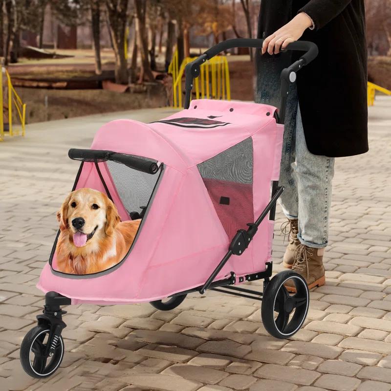 MoNiBloom Folding 3 Wheel Pet Stroller, Foldable Dog Jogger Stroller with Adjustable Handlebar and Mesh Window