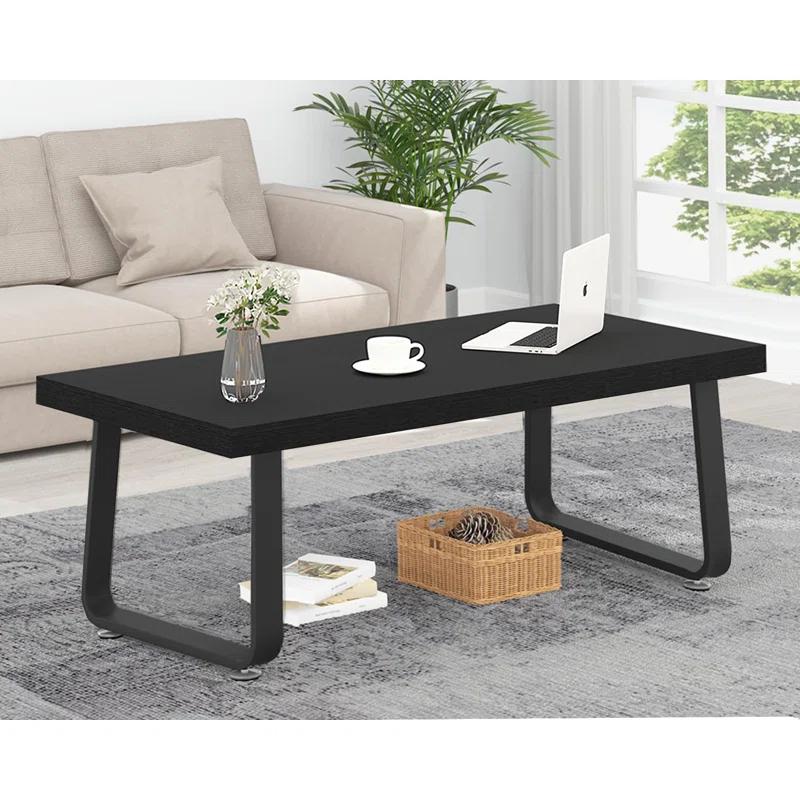 Latitude Run® Black Coffee Table, Industrial Wood And Metal Legs Center Table, Black Oak, 47 Inch