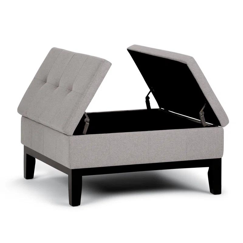 Simpli Home Dover 36"W Upholstered Square Coffee Table Storage Ottoman with Split Tufted Lift Top