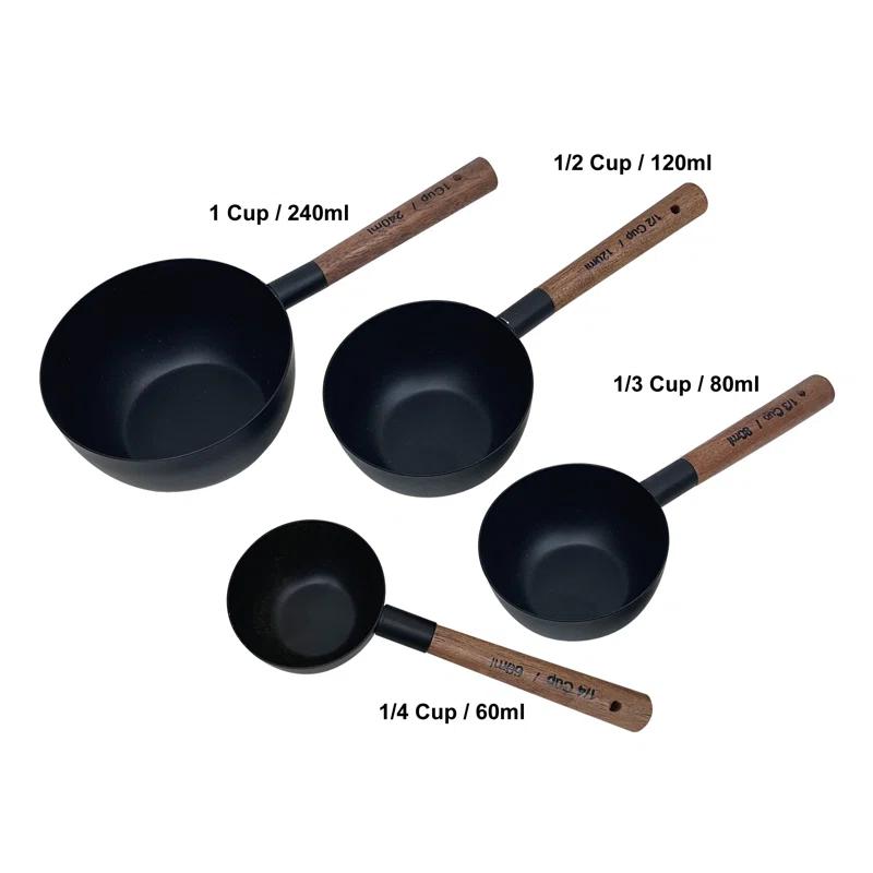 Nu Steel Stainless Steel Measuring Cups Set Of 4 Pieces, Nesting Metal Measuring Cups Set With Wooden Handles For Dry And Liquid Ingredients, Cooking & Baking