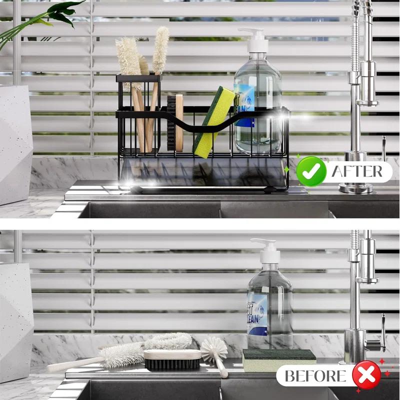 WKING Stainless Steel Kitchen Sink Caddy Organizer With Draining Tray, Rustproof Sponge Holder For Sink, Adjustable Compartments, Space-Saving Design