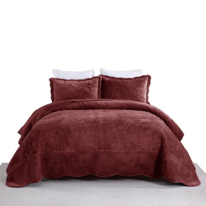 MarCielo Marcielo Oversized Embroidered Velvet Quilt Set With 2 Pillow Shams