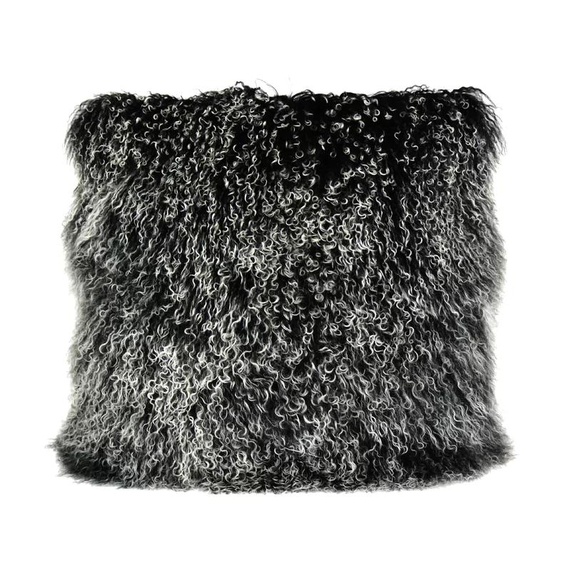 Large Black and Gray Lamb Fur Throw Pillow