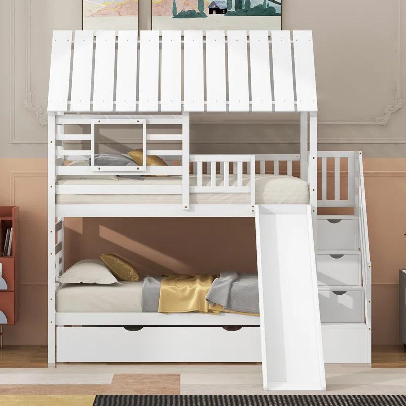 Harper Orchard Twin Over Twin House Bunk Bed With Trundle And Slide
