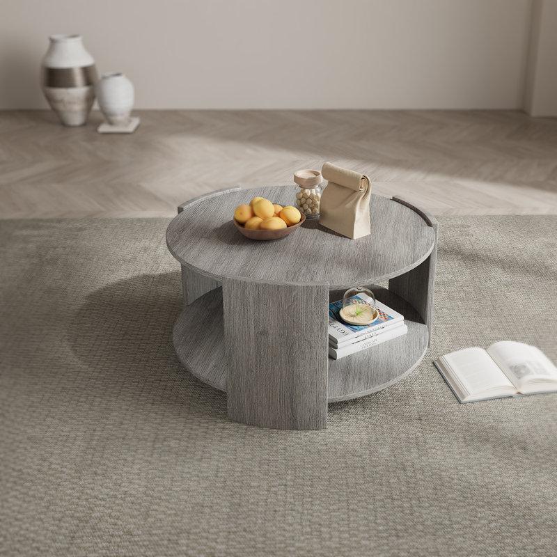 Michaelee Round Coffee Table, 36" Rustic Modern Circle Coffee Tables with 2 Tier Storage Shelf, Cocktail Table for Living Room Apartment