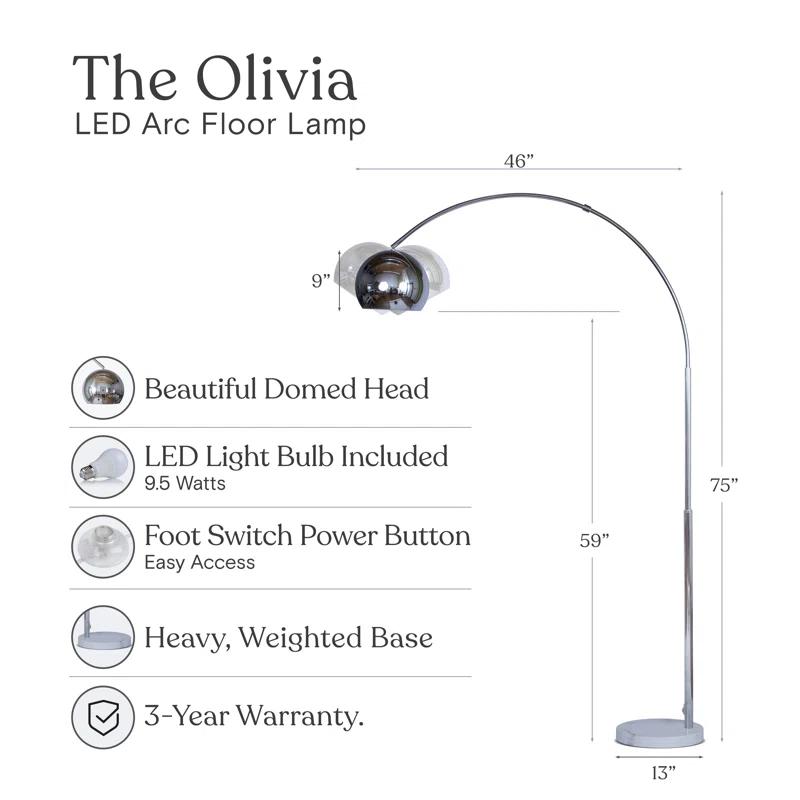 Brightech Olivia 75" Modern Industrial LED Arc Floor Lamp with Silver Chrome Finish, White Marble Base, and Metal Bowl Shade, Bulb Included