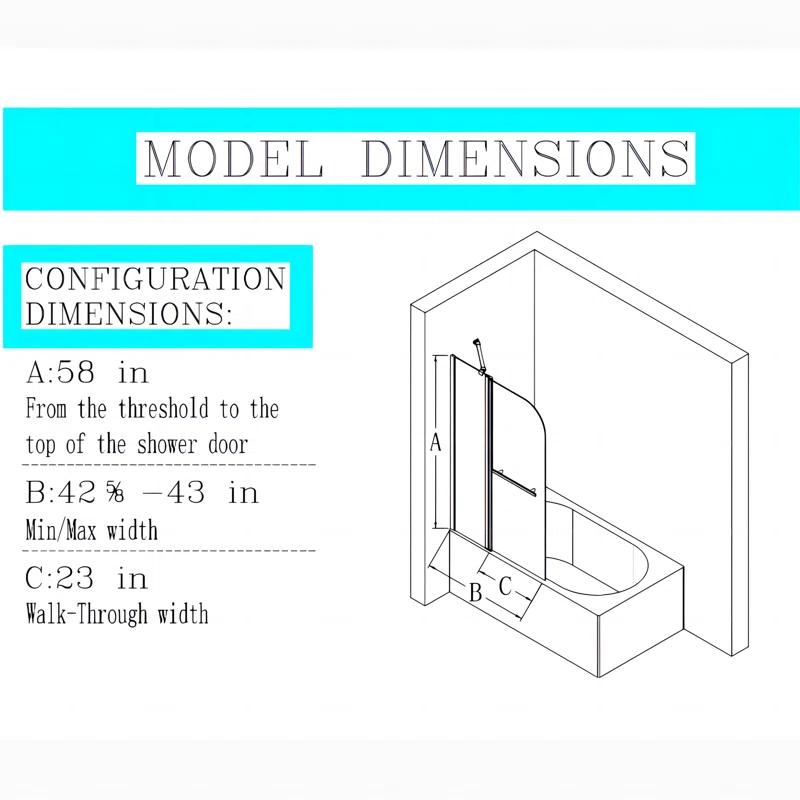 43"W x 58"H Frameless Folding Pivot Bathtub Door with 6mm Thick Clear Tempered Glass Door