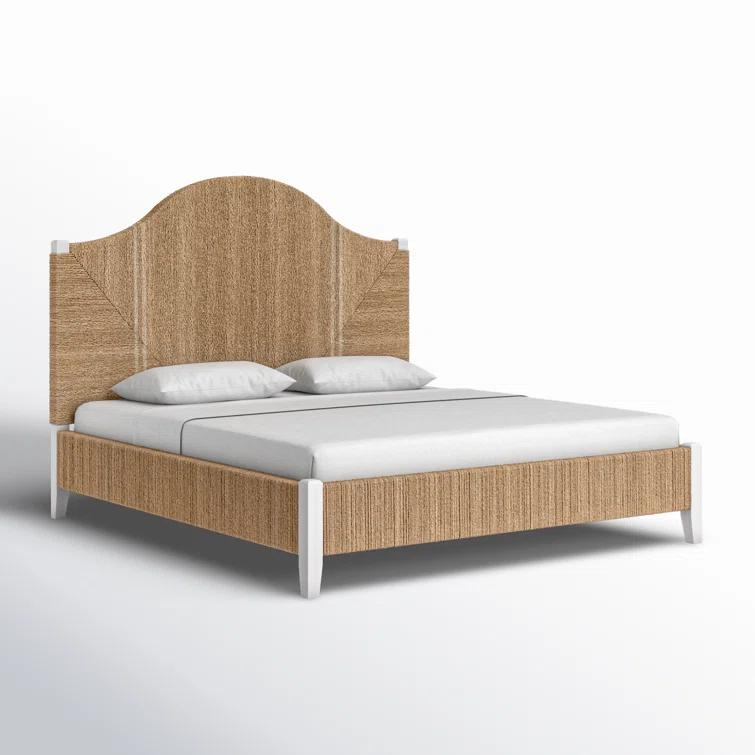 King Transitional Brown Pine Upholstered Panel Bed