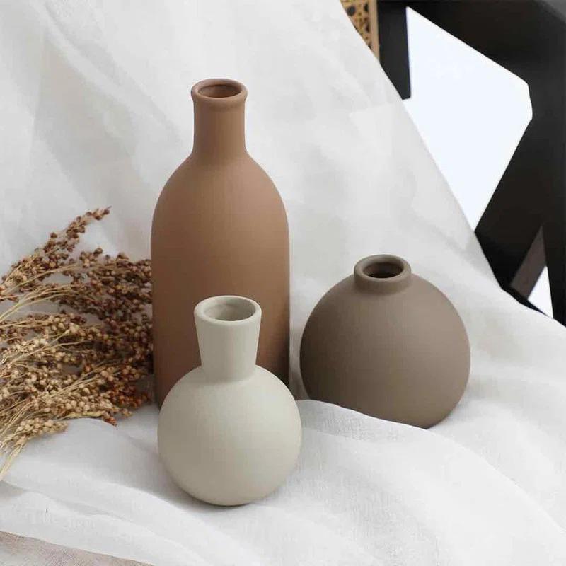 Bungalow Rose Ceramic Vase Set of 3, Vases Home Decor Rustic Vase Decor Vase Terra Cotta Pottery Vases