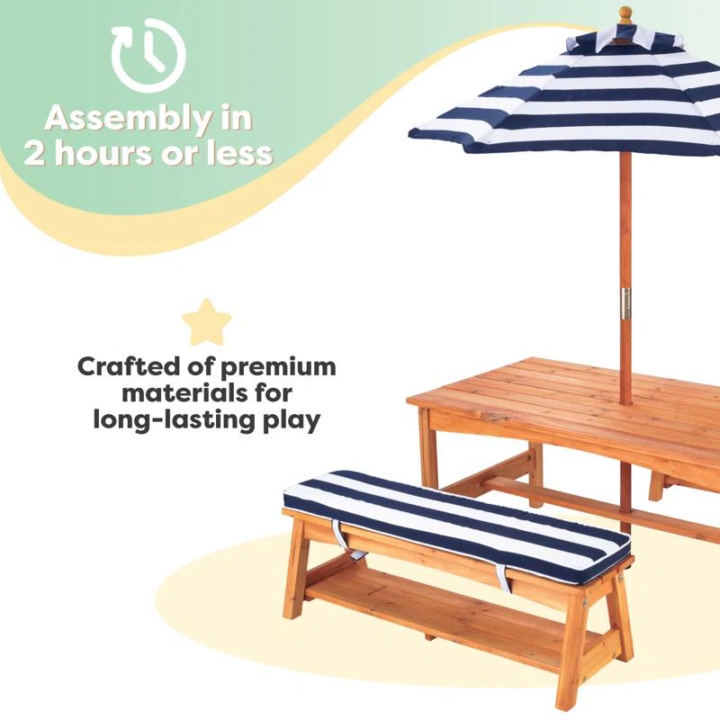 KidKraft Outdoor Wooden Table & Benches with Cushions & Umbrella, Navy