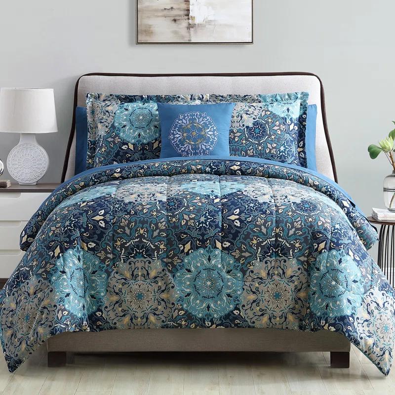 Modern Threads Modern Threads - Granada Collection Comforter Set - Reversible Microfiber - Elegant Printed 8-Piece Bed Set - Includes Comforter, Sheets, Shams, & Pillow - Luxurious Bedding