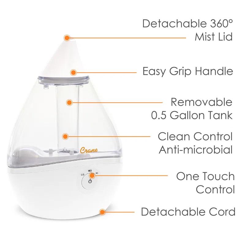 Crane USA Droplet Cool-Mist Humidifier with Vapor Tray, 0.5. Gal. - Clear & White