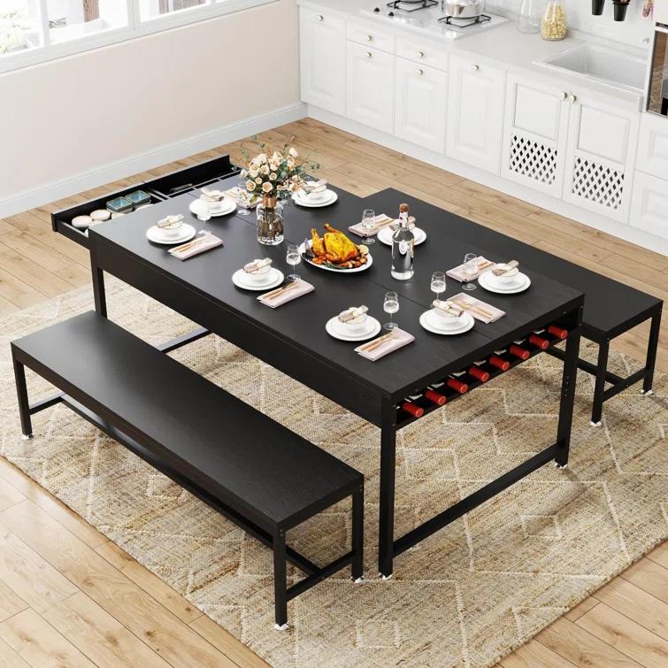 17 Stories Zubie 63"Dining Table Set for 4-6, 3-Piece Kitchen Table with 2 Utensil Drawers,2 Benches&Wine Rack