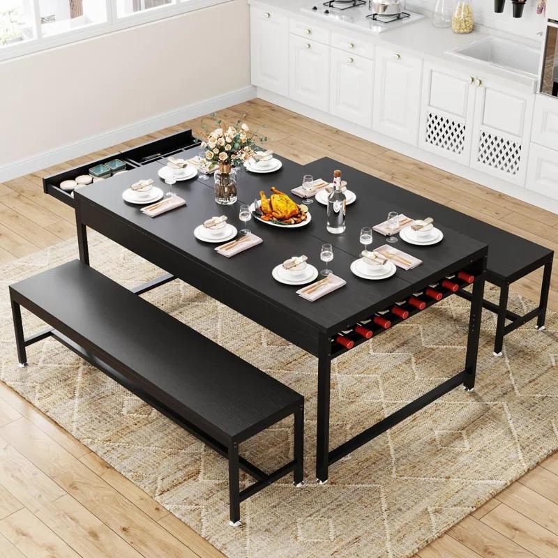 17 Stories Zubie 63"Dining Table Set for 4-6, 3-Piece Kitchen Table with 2 Utensil Drawers,2 Benches&Wine Rack